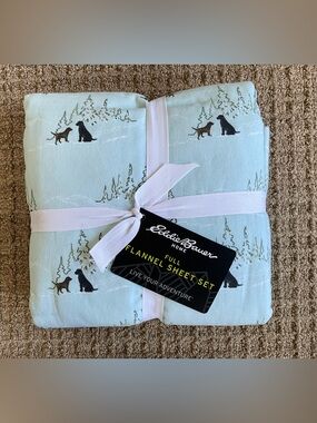 Eddie Bauer Light Blue and Black Flannel Sheet Set with Green Accents